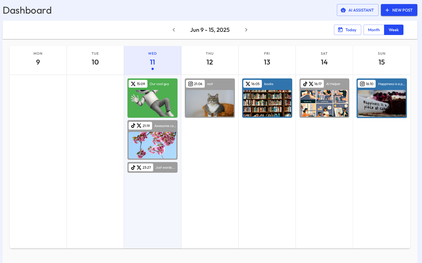 PostPulse dashboard showing a week of posts scheduled across TikTok, Instagram, YouTube and X